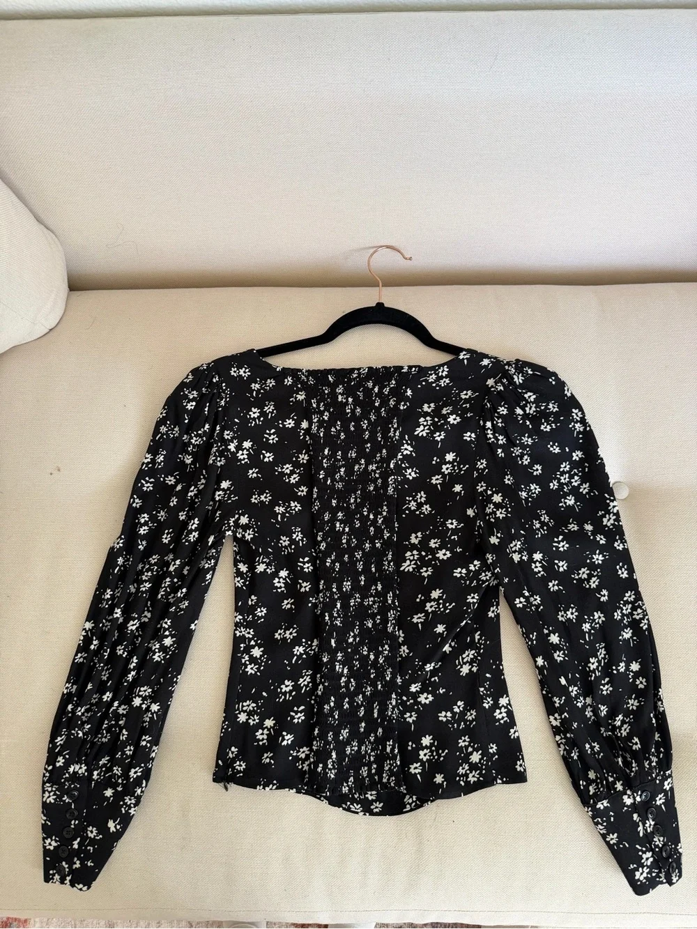 Reformation Black Floral Square-Neck Long Sleeve Top
